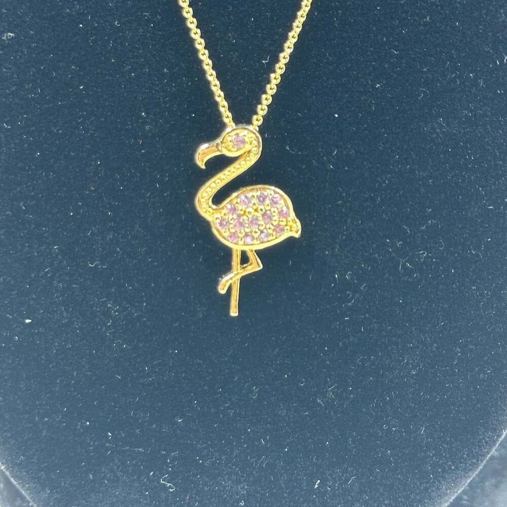 925 FAS Sterling Silver Gold Tone Pink Rhinestone Flamingo Pendant Necklace 18”